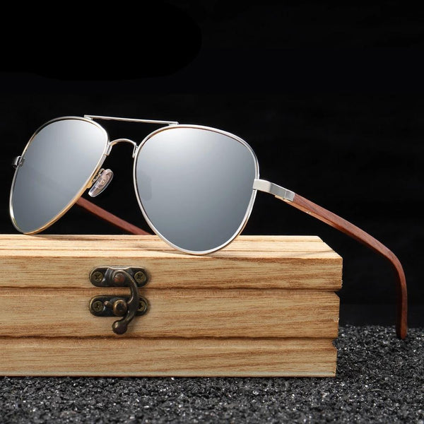 Classic Wood Sunglasses Pilot Metal Frame